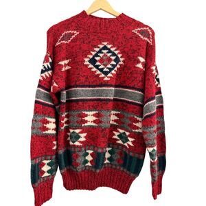 Studio Michelle Stuart Hand Knit Wool Blend Southwestern Sweater Red Mens Large